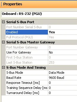 Properties panel for Onboard RS-232 (PGU) showing Serial S-Bus Port Enabled set to Yes.