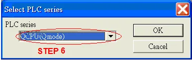 Select PLC Series QCPU Qmode Select PLC series dialog with QCPU(Qmode) selected in the PLC series dropdown list.