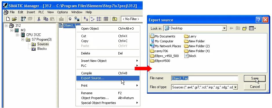 SIMATIC Manager Export Source AWL File Dialog SIMATIC Manager showing the right-click context menu on Object_Tag with Export Source highlighted, and the Export source dialog open with the file name Object_Tag.