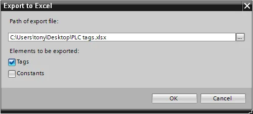 TIA Portal Export to Excel dialog showing path C:UserstonyDesktopPLC tags.xlsx with Tags checkbox checked.