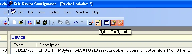 Saia Device Configurator toolbar with the Upload Configuration button highlighted.