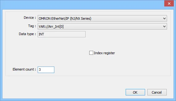 EasyBuilder address configuration dialog for OMRON EtherNet/IP (NJ/NX Series) showing tag VAR://Arr_Int[0], data type INT, and Element count set to 3.