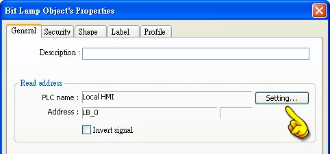 EasyBuilder Bit Lamp Object Properties dialog on the General tab with PLC name set to Local HMI and Address LB_0, with the Setting button highlighted.