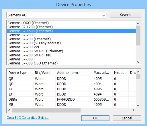 EasyBuilder Device Properties dialog showing Siemens S7-1500 Ethernet selected in the device type list.
