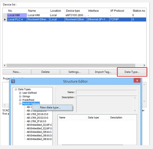 EasyBuilder Structure Editor New Data Type EasyBuilder device list showing Rockwell Ethernet entry and the Structure Editor with Module-Defined selected and New Data Type context menu option.