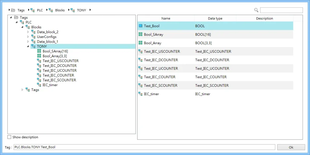 EasyBuilder Tag Browser PLC Blocks TONY EasyBuilder tag browser showing PLC Blocks TONY data block with tag names and data types listed on the right.
