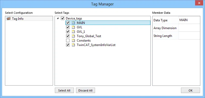 EasyBuilder Tag Manager showing hierarchical tag tree with Device_tags expanded to reveal MAIN, GVL, GVL_1, Tony_Global_Test, Constants, and TwinCAT_SystemInfoVarList program units.