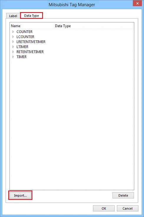 Mitsubishi Tag Manager Data Type tab showing imported structured data types including COUNTER, LCOUNTER, LRETENTIVETIMER, LTIMER, RETENTIVETIMER, and TIMER.
