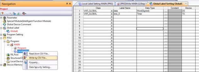 GX Works2 Global Label Setting with right-click context menu showing Write to CSV File option.