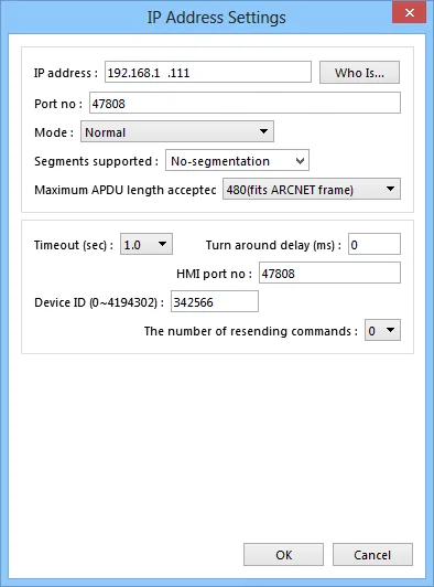 IP Address Settings dialog in Normal mode, showing Port no. 47808, Segments supported No-segmentation, HMI port no. 47808, and Device ID 342566.