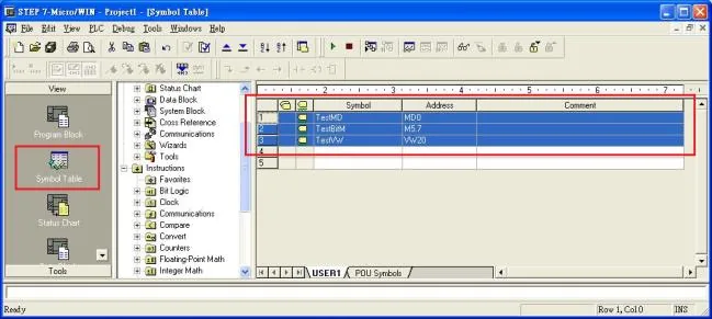 Micro/WIN Symbol Table With Tags STEP 7-Micro/WIN Symbol Table showing three tags: TestMD (MD0), TestBitM (M5.7), and TestVW (VW20) with Symbol, Address, and Comment columns.