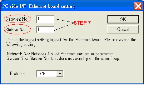 PC Side Ethernet Board Network Station PC side I/F Ethernet board setting dialog with Network No. set to 1 and Station No. set to 1, Protocol set to TCP.