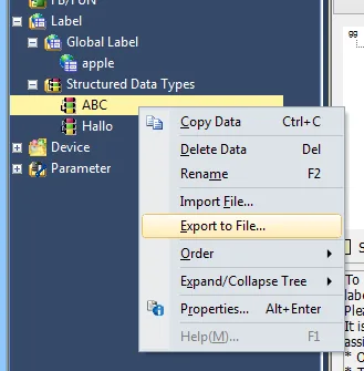 Structured Data Types Right-Click Export to File GX Works3 navigation panel with right-click context menu open on the Structured Data Types 'ABC' entry, showing Export to File option highlighted.