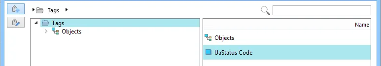 Tag Manager showing the Objects folder expanded with a UaStatus Code tag listed in the right pane.