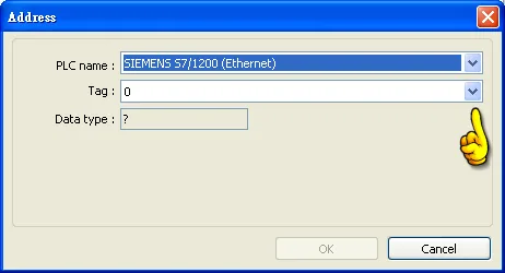 EasyBuilder Address dialog with PLC name set to SIEMENS S7/1200 (Ethernet) and Tag field showing 0.