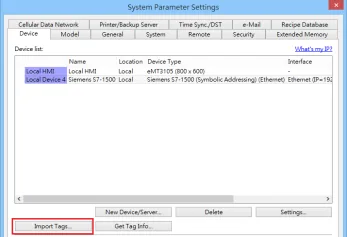 EasyBuilder System Parameter Import Tags EasyBuilder System Parameter Settings Device tab with the Siemens S7-1500 device listed and Import Tags button highlighted.