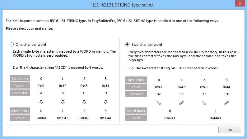 EasyBuilder Pro IEC-61131 String Type Select IEC-61131 STRING type select dialog in EasyBuilder Pro showing One char per word vs Two char per word options with byte and word index mapping examples.