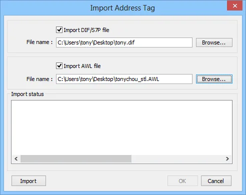 Import Address Tag DIF AWL File Dialog Import Address Tag dialog with Import DIF/S7P file and Import AWL file both checked and file paths entered.