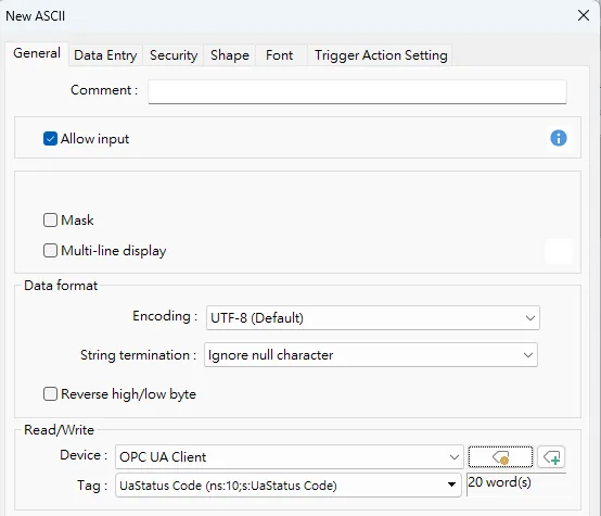 New ASCII object dialog with Device set to OPC UA Client and Tag set to UaStatus Code, configured to read 20 words.
