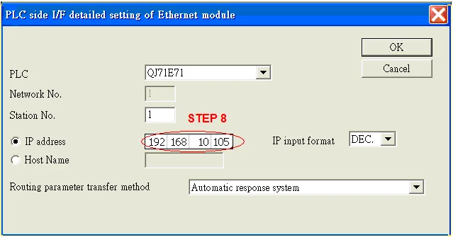 PLC Side QJ71E71 IP Address Setting PLC side I/F detailed setting dialog for Ethernet module showing QJ71E71 selected, IP address 192.168.10.105 in DEC format.