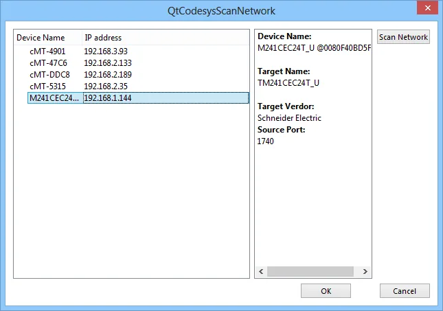 QtCodesysScanNetwork Device List QtCodesysScanNetwork dialog showing a list of discovered devices including cMT-4901, cMT-47C6, cMT-DDC8, cMT-5315, and M241CEC24, with M241CEC24 selected and its details showing Target Name TM241CEC24T_U and Source Port 1740.