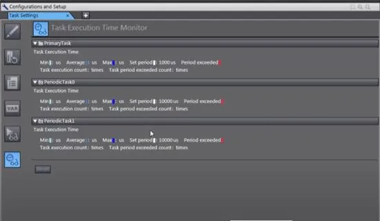 Sysmac Studio Task Execution Time Monitor showing PrimaryTask and PeriodicTask0 and PeriodicTask1 with Min, Average, Max, and Set Period execution time fields.