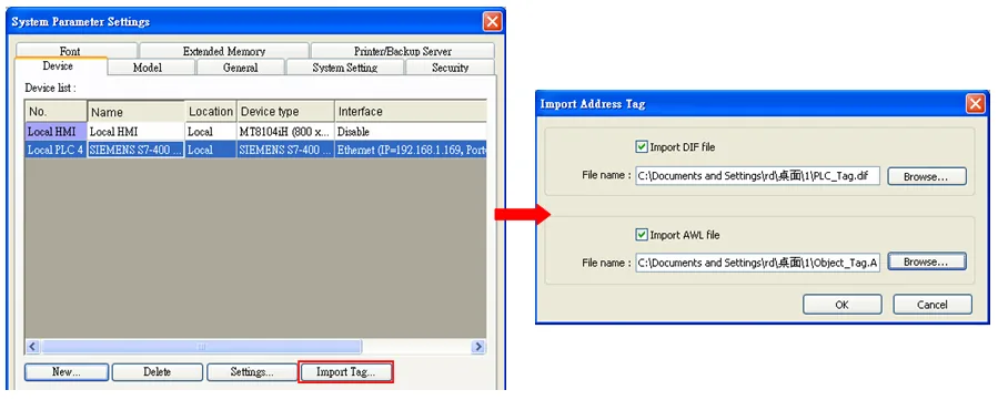 System Parameter Settings Import Address Tag Dialog System Parameter Settings Device tab with Import Tag button highlighted, and the Import Address Tag dialog open showing DIF and AWL file path fields.
