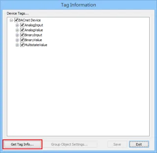 Tag Information dialog showing a BACnet Device tree with AnalogInput, AnalogValue, BinaryInput, BinaryValue, and MultistateValue, with the Get Tag Info button highlighted.