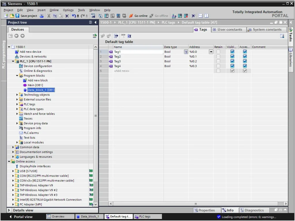 TIA Portal Program Blocks tree with Data_block_1 [DB1] selected under PLC_1 CPU 1511-1 PN.
