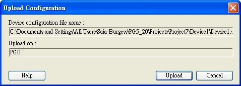 Upload Configuration dialog showing device configuration file name and Upload on PGU option.
