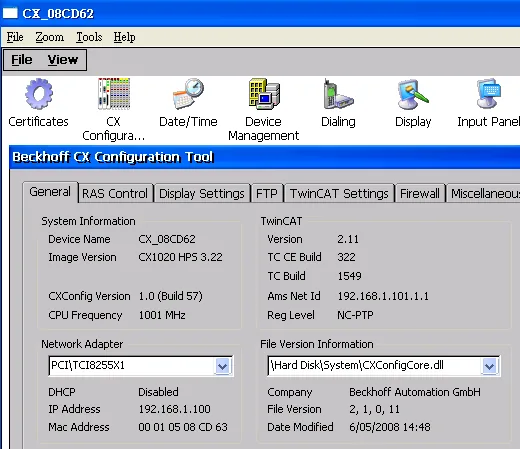 Beckhoff CX Configuration Tool General tab showing system information including device name CX_08CD62, TwinCAT version 2.11, AMS Net Id 192.168.1.101.1.1, and network adapter details.