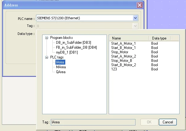EasyBuilder Address dialog showing Program blocks tree with DB_in_SubFolder entries and myDB_1, alongside PLC tags IArea selected with Bool tags listed in the right pane.