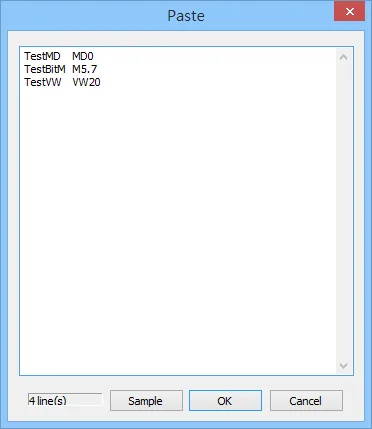 EasyBuilder Paste Tags Dialog EasyBuilder Paste dialog with three pasted tag entries: TestMD MD0, TestBitM M5.7, and TestVW VW20.