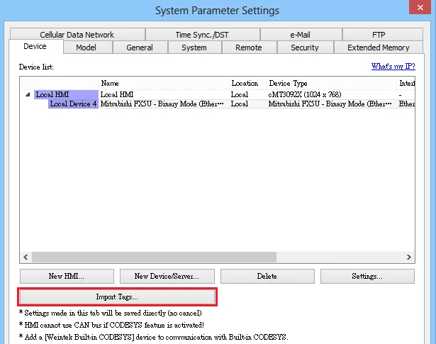 EasyBuilder Pro System Parameters Import Tags Button EasyBuilder Pro System Parameter Settings Device tab showing Local HMI and Mitsubishi FX5U Binary Mode (Ethernet) device listed, with Import Tags button highlighted at the bottom.