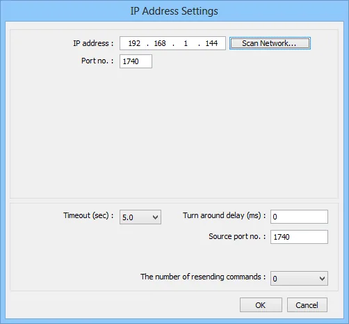 IP Address Settings Confirmed IP Address Settings dialog showing IP address 192.168.1.144, Port 1740, Source port no. 1740, with Timeout 5.0 sec and Turn around delay 0 ms.
