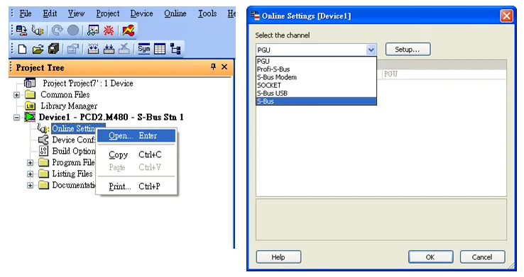 Online Settings dialog showing S-Bus selected in the channel list.