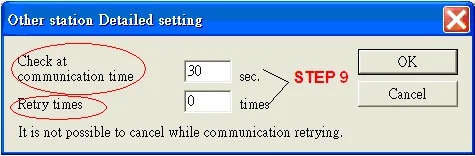 Other Station Communication Retry Settings Other station Detailed setting dialog with Check at communication time set to 30 sec and Retry times set to 0.