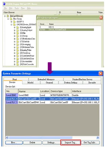 SCADA Engine BACnet OPC Server object browser shown behind the System Parameter Settings window, with the Import Tag button highlighted in the device list.