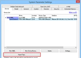 System Parameter Settings Import Tags Button System Parameter Settings Device tab with the Input Tags button highlighted at the bottom of the screen.