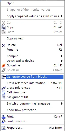 TIA Portal right-click context menu on a program block showing Generate source from blocks option highlighted.