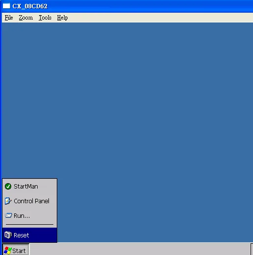 CERHOST PLC desktop showing Start menu open with Reset option highlighted.