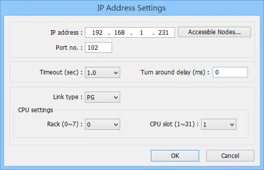 EasyBuilder IP Address Settings dialog for S7-1500 PLC showing IP 192.168.1.231, port 102, link type PG, Rack 0, CPU slot 1.