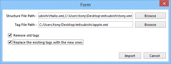 EasyBuilder Pro Import Tags Structure and Tag File Paths EasyBuilder Pro Form dialog showing Structure File Path and Tag File Path fields with XML file paths entered, and Remove old tags and Replace existing tags checkboxes checked.