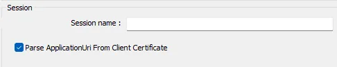 OPC UA Advanced Settings Session section showing the Parse ApplicationUri From Client Certificate checkbox.