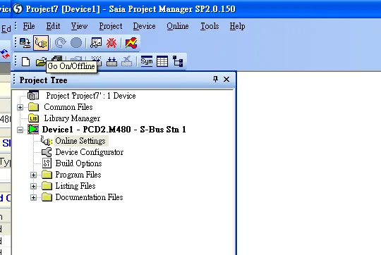 Saia Project Manager SP2.0.150 showing the Go On/Offline toolbar button with Device1 PCD2.M480 S-Bus Stn 1 in Project Tree.