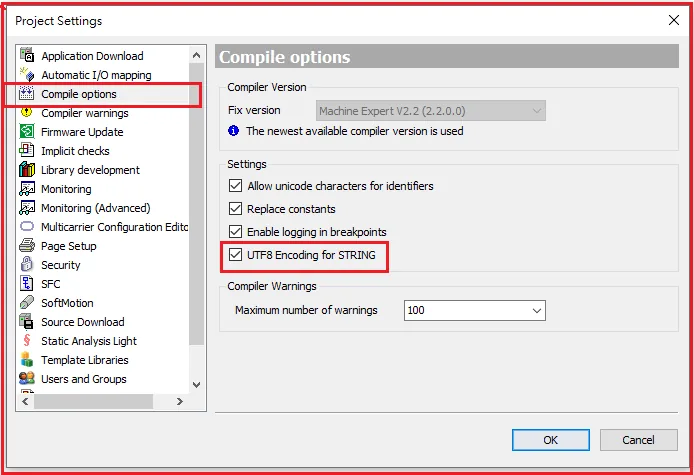Machine Expert Project Settings dialog open to Compile options, with UTF8 Encoding for STRING checkbox checked and highlighted.