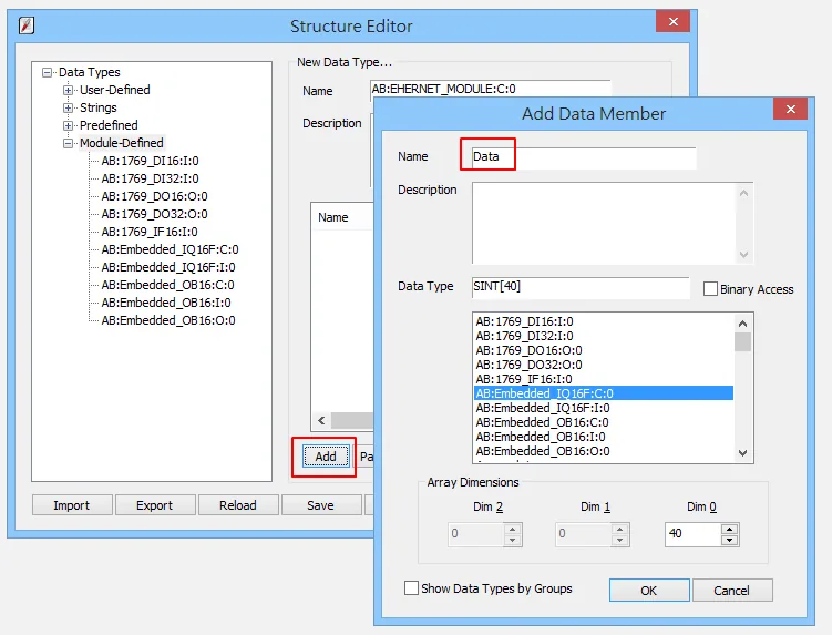 Structure Editor with Add Data Member dialog open, Name field set to Data, Data Type set to SINT[40], and AB:Embedded_IQ16F:C:0 highlighted in the type list.