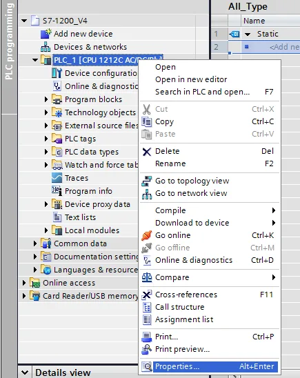 TIA Portal project tree showing S7-1200 PLC right-click context menu with Properties highlighted at the bottom.