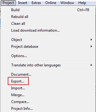 TwinCAT 2 Project menu with Export option highlighted, showing the menu items for building, exporting, and managing the project.