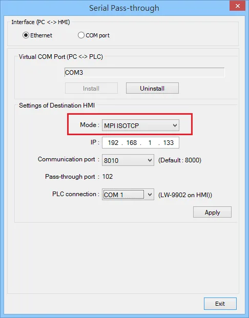 Utility Manager Serial Pass-through dialog showing Mode set to MPI ISOTCP, with Interface set to Ethernet and PLC connection set to COM 1.